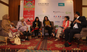 Yasmin Mehta, Zubeida Mustafa, Nargis Sultana, Shaha Jamshed (moderator), Zubaida Jalal and Faisal Mushtaq